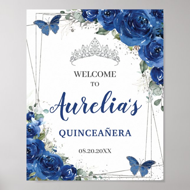 Poster Bem-vindo ao Royal Blue Floral Borboletas Quinceañ (Frente)