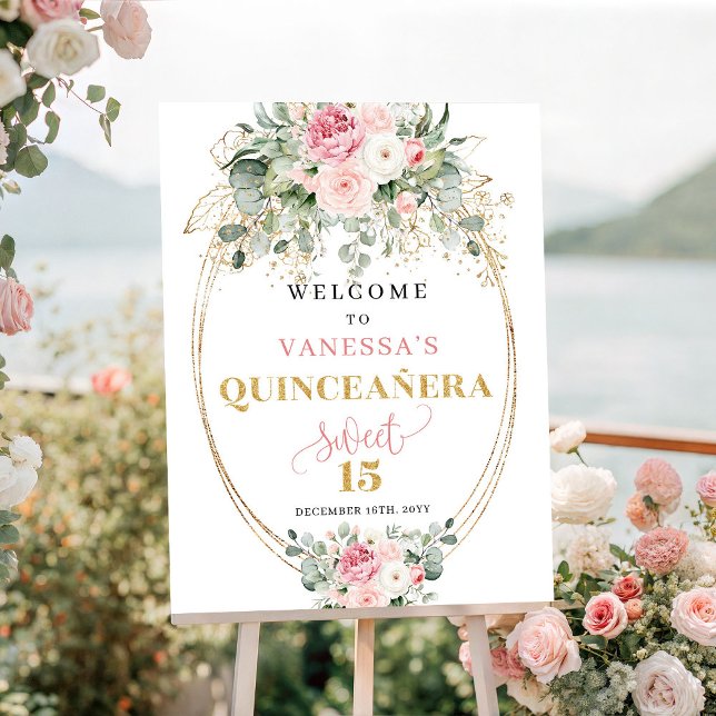 Poster Bem-vindo ao Rustic Blush e Dourado Quinceañera (Rustic Blush and Gold Quinceañera Welcome)