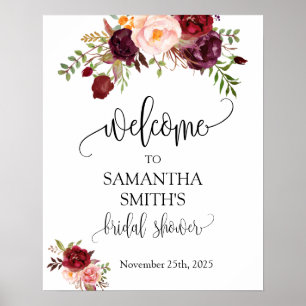 Poster Bem-vindo ao sinal de casamento floral marsala de 