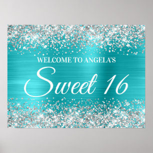 Poster Bem-vindo ao Sweet 16 Azul Turquesa Brilho Prata