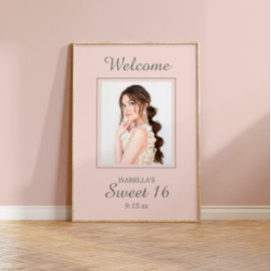 Poster Bem-vindo ao Sweet 16 Rosa Bege com Nome e Foto