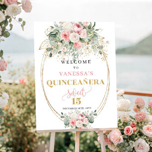 Poster Bem-vindo ao Timeless Blush Floral Gold Quinceañer