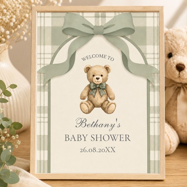 Poster Bem-vindo ao ursinho de gingão verde-sage  (Sage Green Gingham Teddy Bear Welcome Sign)