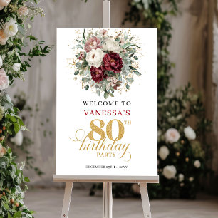 Poster Bem-vindo aos 80 anos com Floral Borgonha Designer
