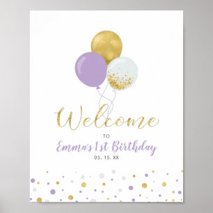 Poster Bem-vindo Balões Dourados e Roxos Aniversário de 1