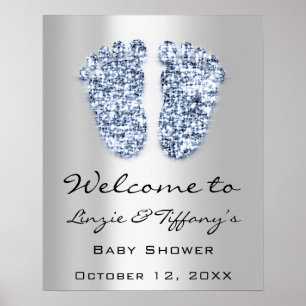Poster Bem-vindo Bebê Azul Pés Baby Shower Menino Prata