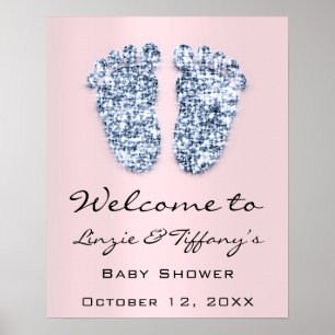Poster Bem-vindo Bebê Blue Feet Baby Shower Menino Rosa
