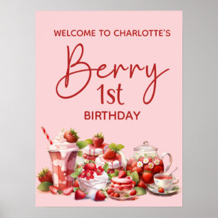 Poster Bem-vindo Berry 1º Aniversário Rosa Vermelho Moran