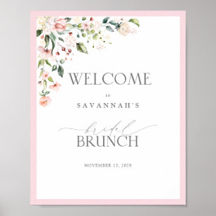 Poster Bem-vindo Café da Manhã Floral Aquarela Rosa para