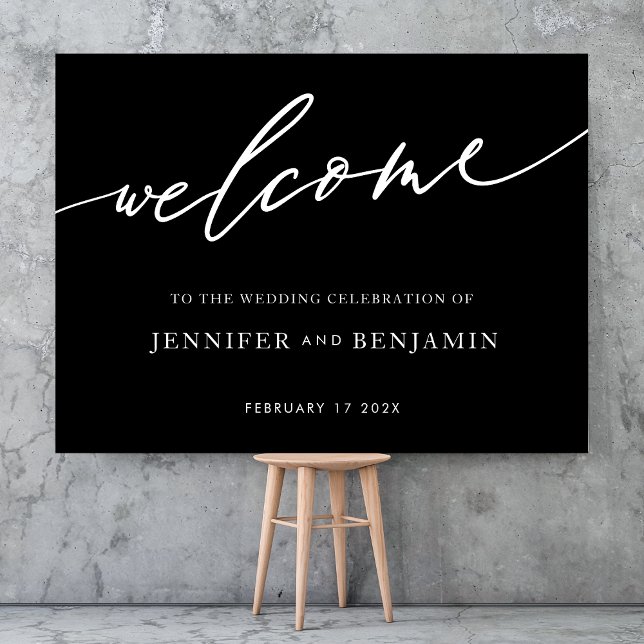 Poster bem-vindo | Caligrafia Branca Preta Casamento Simp (Criador carregado)