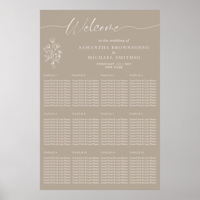 Poster Bem-vindo Casamento Floral Botânico Bege Marrom (Frente)