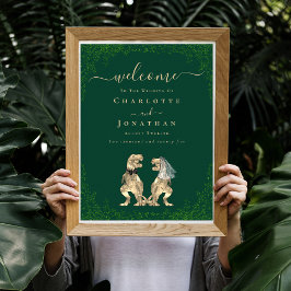 Poster Bem-vindo Casamento Temático Dinossauro Verde Escu