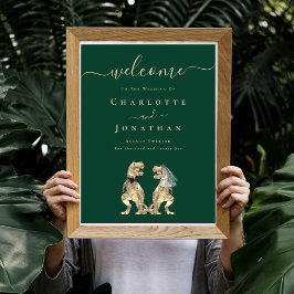Poster Bem-vindo Casamento Temático Dinossauro Verde Escu