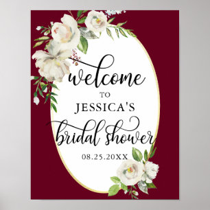 Poster Bem-vindo Chuveiro de Noiva Floral Burgundy PLACA