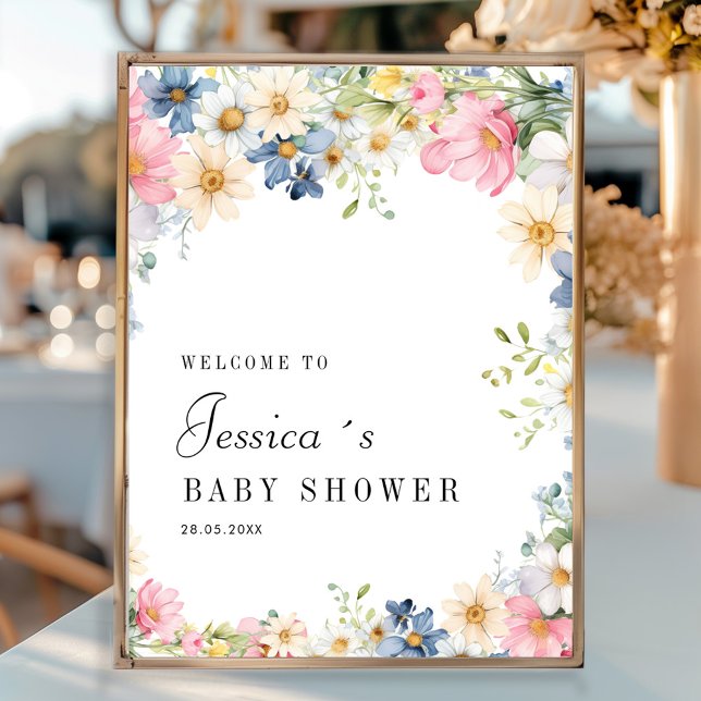 Poster Bem-vindo! Flor selvagem, Chá de fraldas (Personalized "Welcome!" Wildflower, Baby Shower Poster with your name and date.)
