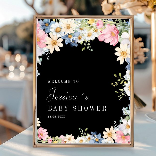 Poster Bem-vindo! Flor selvagem, Chá de fraldas (Personalized "Welcome!" Wildflower, Baby Shower Poster with your name and date.)