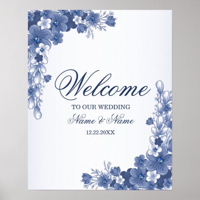 Poster Bem-vindo Floral Festa de Casamento Azul Rústico E (Frente)