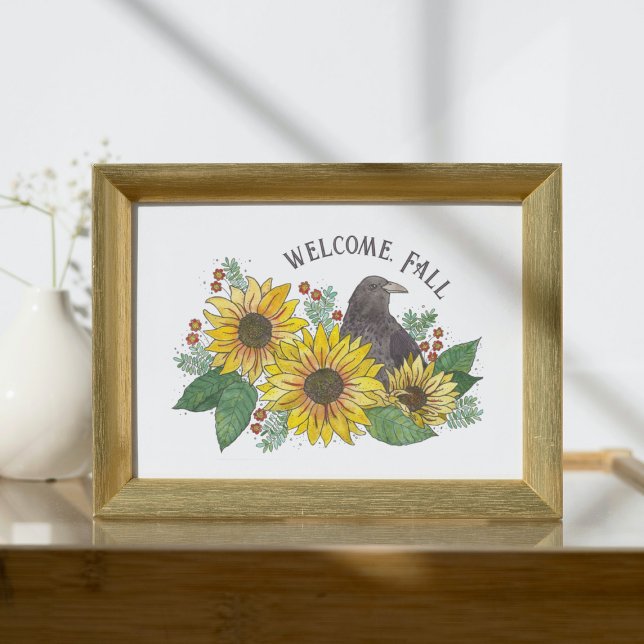 Poster Bem-vindo, Girassóis e Crow Descarregáveis (Welcome Fall Crow and Sunflowers Tabletop Print)
