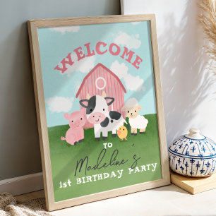 Poster Bem-vindo Meninas Animais de Fazenda Rosa 1º Anive