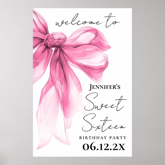 Poster Bem-vindo Pink Bow Coquette Script Festa Sweet 16 (Frente)