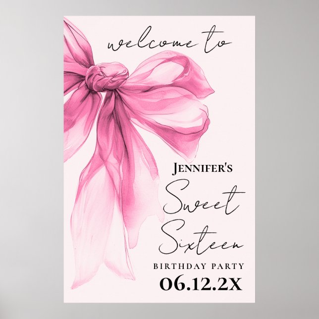 Poster Bem-vindo Pink Bow Coquette Script Sweet 16 Rosa  (Frente)