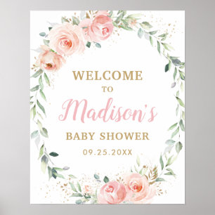 Poster Bem-vindo Pos de Chuveiro de Bebê Floral Rosa Cora