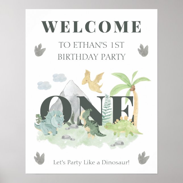 Poster Bem-vindo, primeiro aniversario Dinossauro, Selva  (Frente)