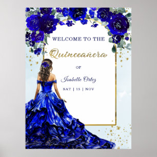 Poster Bem-vindo Quinceañera Azul Real e Dourado
