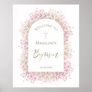 Poster Bem-vindo rosa branco floral batismo