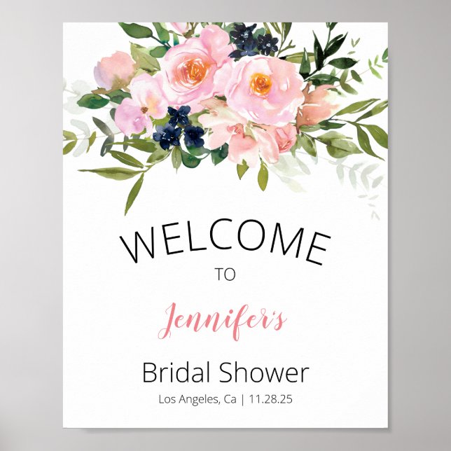 Poster Bem-vindo Rosa Corado e Azul Floral (Frente)