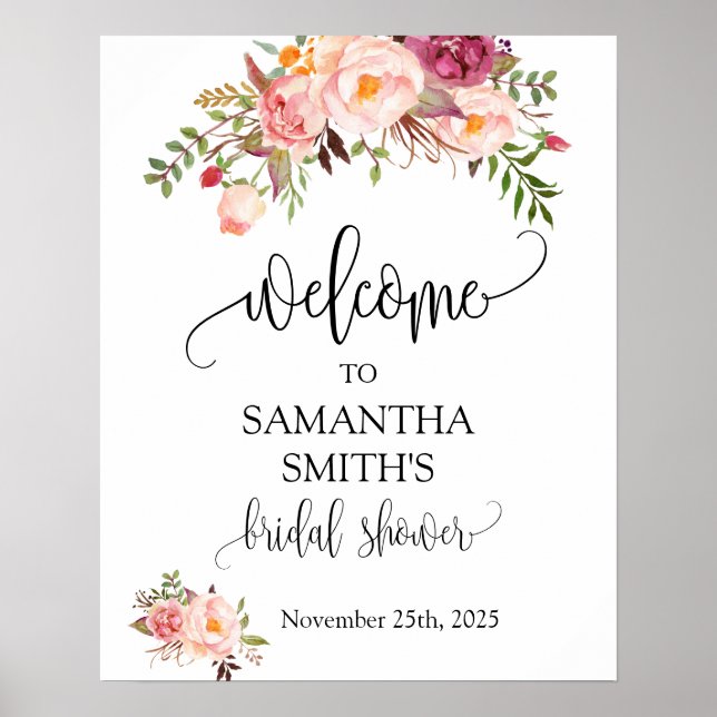Poster Bem-vindo Sinal de Chuva de Presentes Floral Rosa  (Frente)