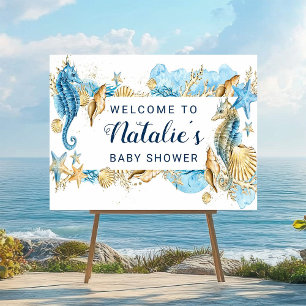 Poster Bem-vindo Sob o Mar Azul e Dourado para Chá de Beb