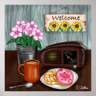 Poster Bem-vindos, Girassóis, Rosquinhas e café