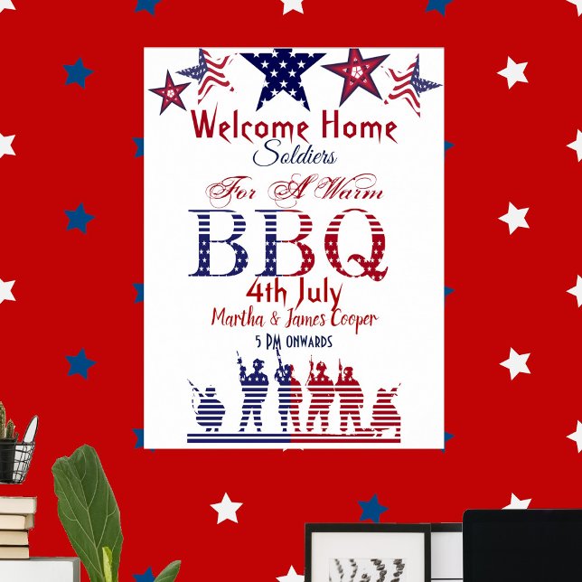 Poster Bem-vindos soldados domésticos 4 de julho CHURRASC (Welcome Home Soldiers 4th July BBQ Red Blue Stars Poster)
