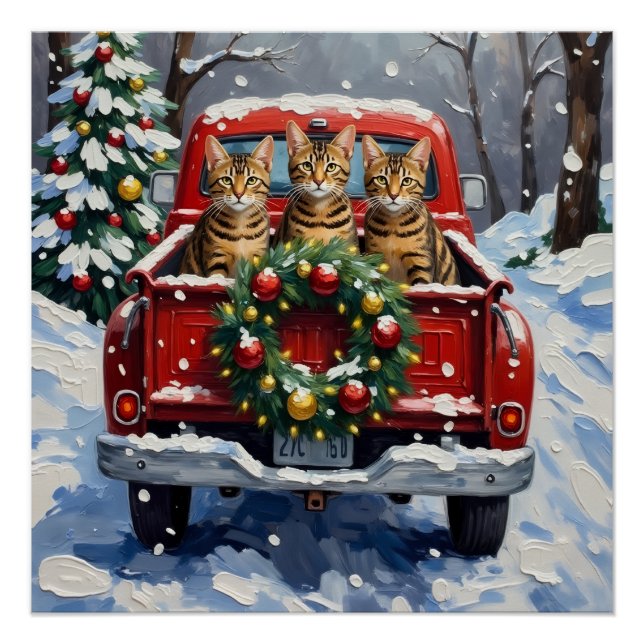 Pôster Bengal Cat Christmas Red Truck Holiday (Frente)