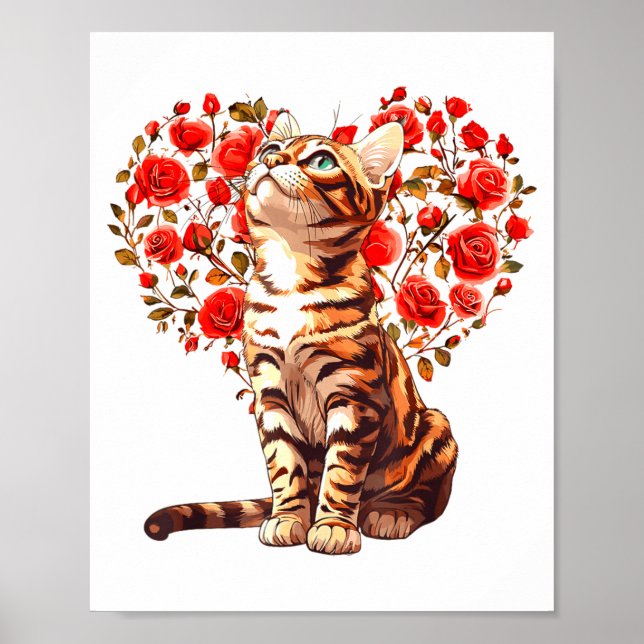Poster Bengal Cat Valentines Day Floral Heart Design For  (Frente)