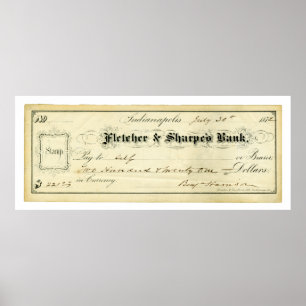 Poster Benjamin Harrison Signed Check from July 30th 1875