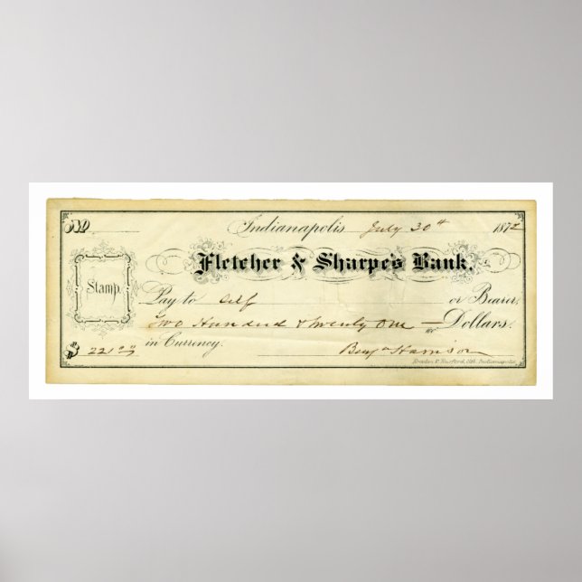 Poster Benjamin Harrison Signed Check from July 30th 1875 (Frente)