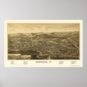 Pôster Bennington, mapa panorâmico do VT - 1887