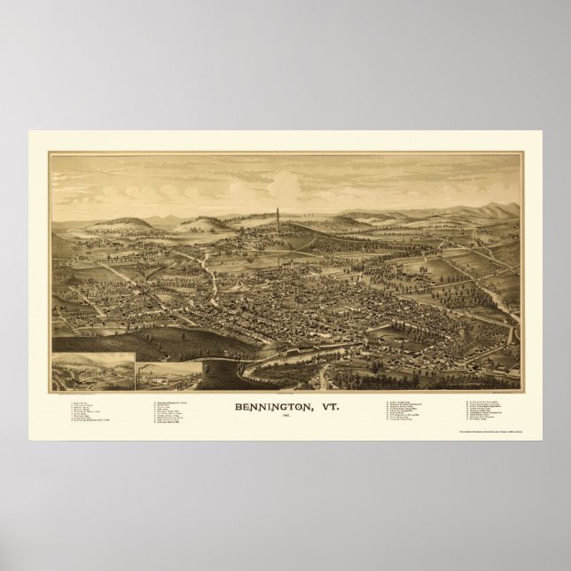 Pôster Bennington, VT Panorâmica Map - 1887 (Frente)