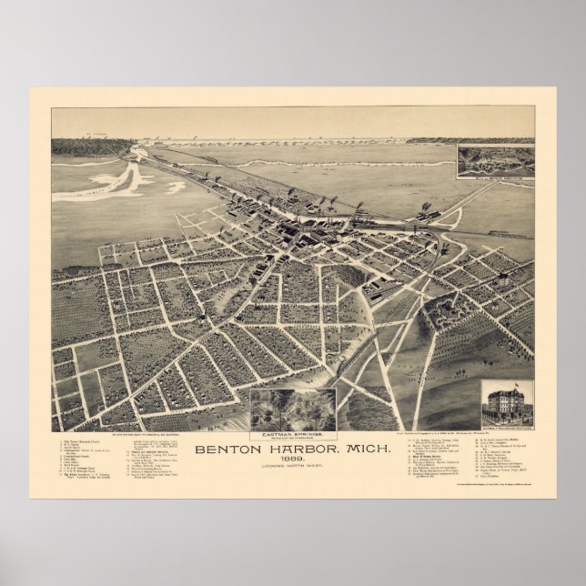 Pôster Benton Harbor, Mapa Panorâmico do Michigan - 1889 (Frente)