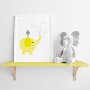 Pôster Berçário amarelo e cinzento do elefante e do