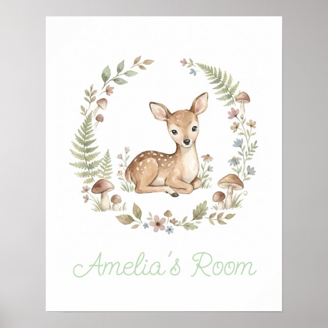 Poster Berçário Boho Personalizado com Cervo Bebê em Aqua (Frente)
