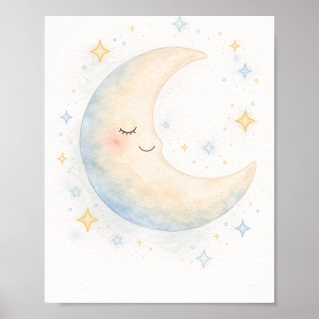 Poster Berçário caprichoso com lua e estrelas em aquarela (Frente)