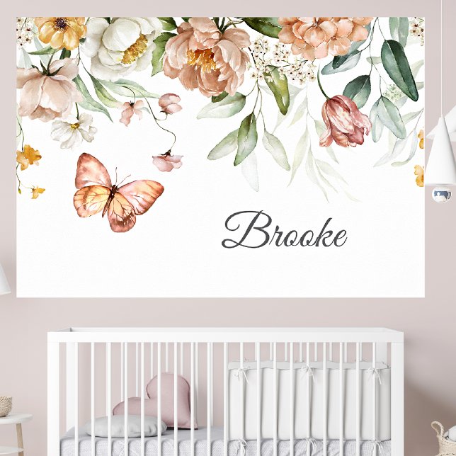 Poster Berçário de Bebê com Florais Rosa Suave em Aquarel (Criador carregado)