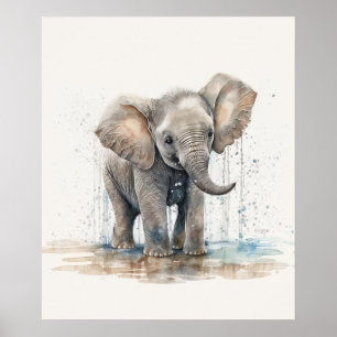 Poster Berçário de Bebê Elefante em Aquarela Selva Safari
