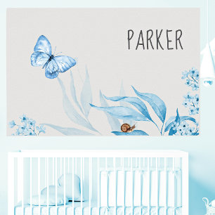 Poster Berçário de Bebê Floral Azul Vintage em Aquarela