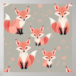 Poster Berçário de Bebê Raposa Rosa Padrão de Animal da F