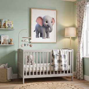 Poster Berçário de Elefante Bebê Fofo Cartoon