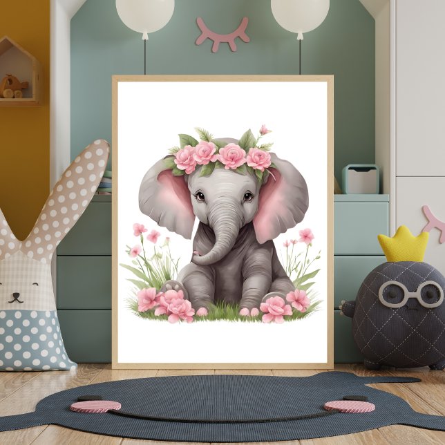 Poster Berçário de Elefante Bebê Fofo Flores Rosa (Cute Adorable Baby Elephant with Pink Flowers on head Nursery Wall Art Wall Decor Poster Print)